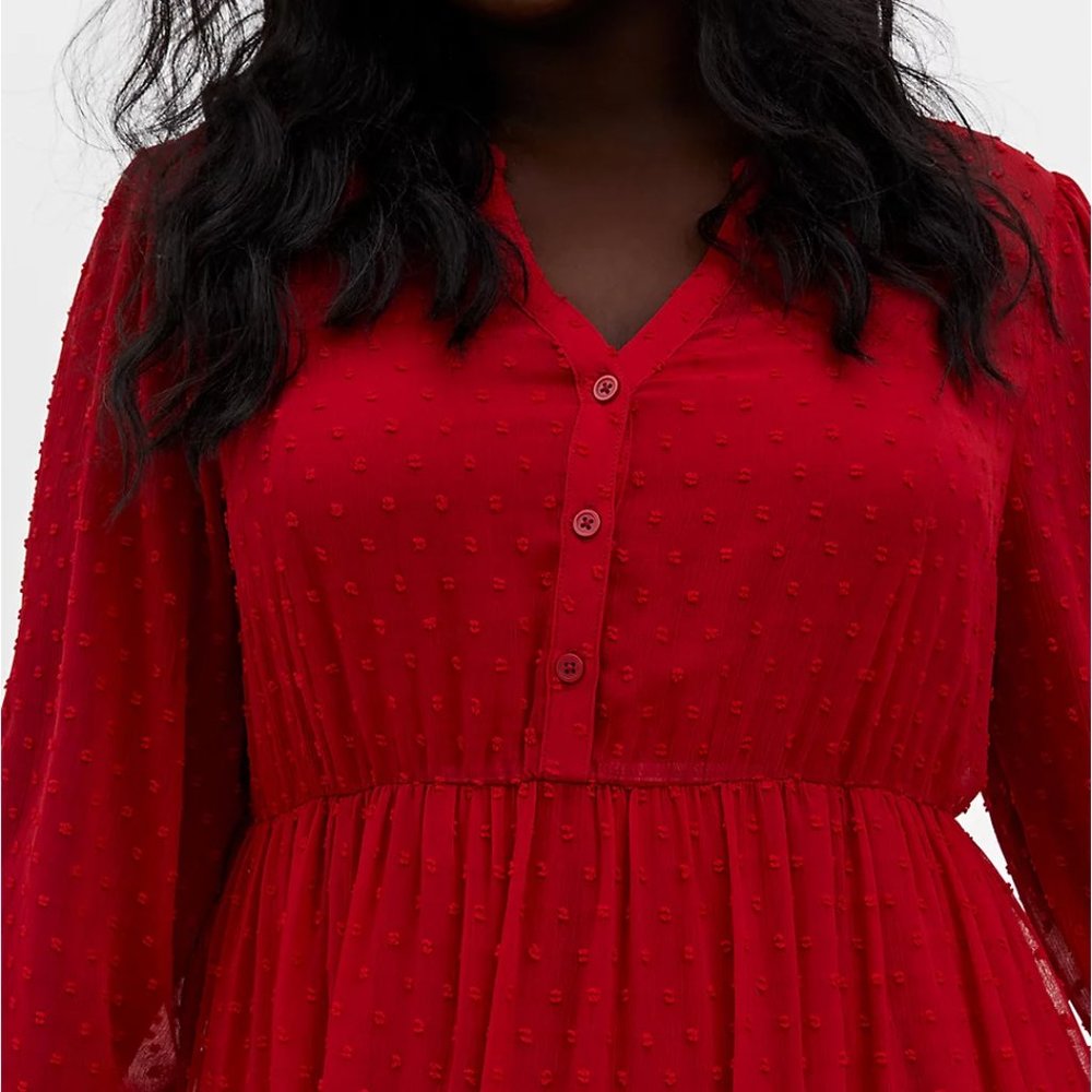 Red Chiffon Clip Dot Skater Tea-Length Dress